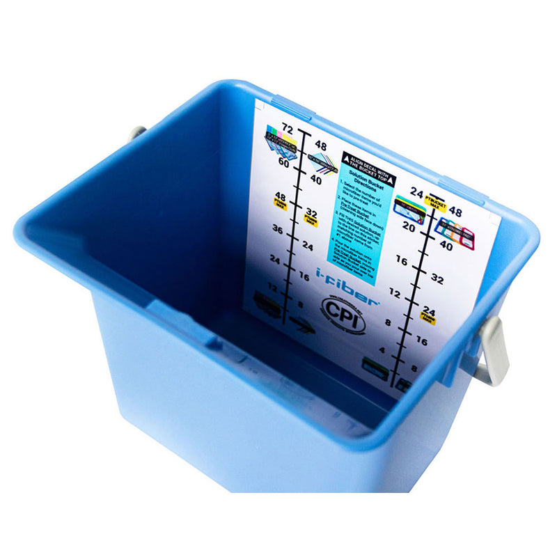 blue 1.5 gallon bucket showing chart inside