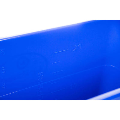 blue bucket w/ sealing lid, graduation marks in gallons & liters, carrying handle, closeup of  graduation marks