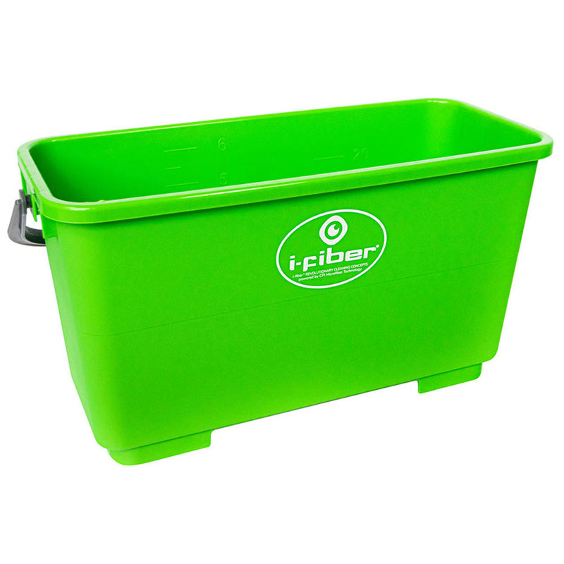 green bucket w/ sealing lid, graduation marks in gallons & liters, carrying handle, no lid