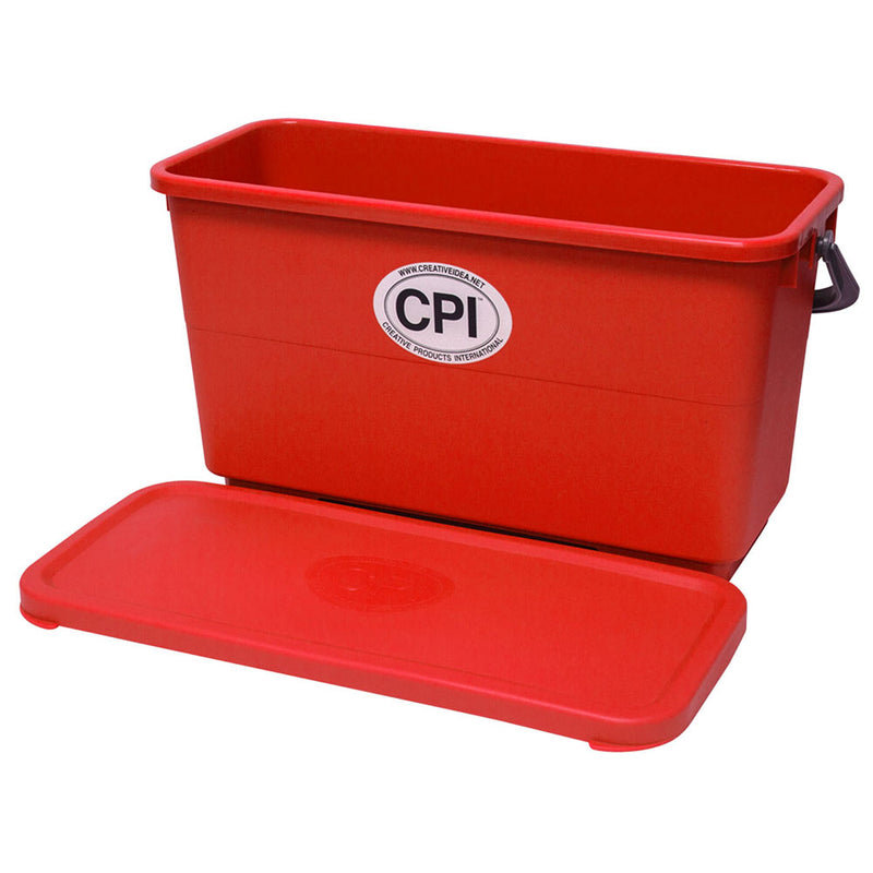 red bucket with red lid beside it