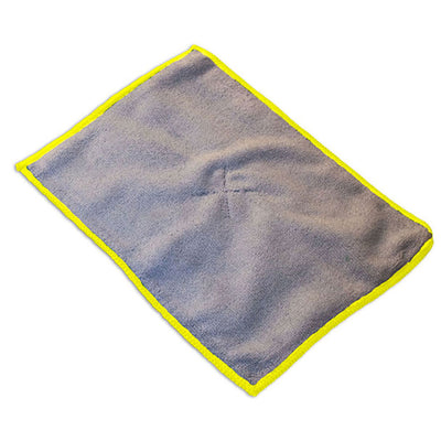 Double sided microfiber cleaning cloth with gray fabric and yellow trim
