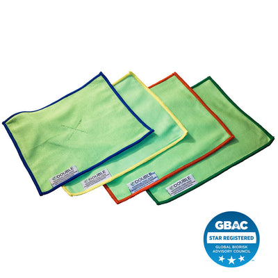 set of four Double sided microfiber cleaning cloths with blue, yellow, and red, and green trims and green fabric