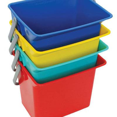 Green, Yellow, Blue & Red 1.5 gallon buckets stacked on top of eachother