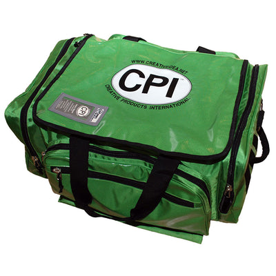 CPI green bag with stainless steel clasps, zipper pulls, and logo on top
