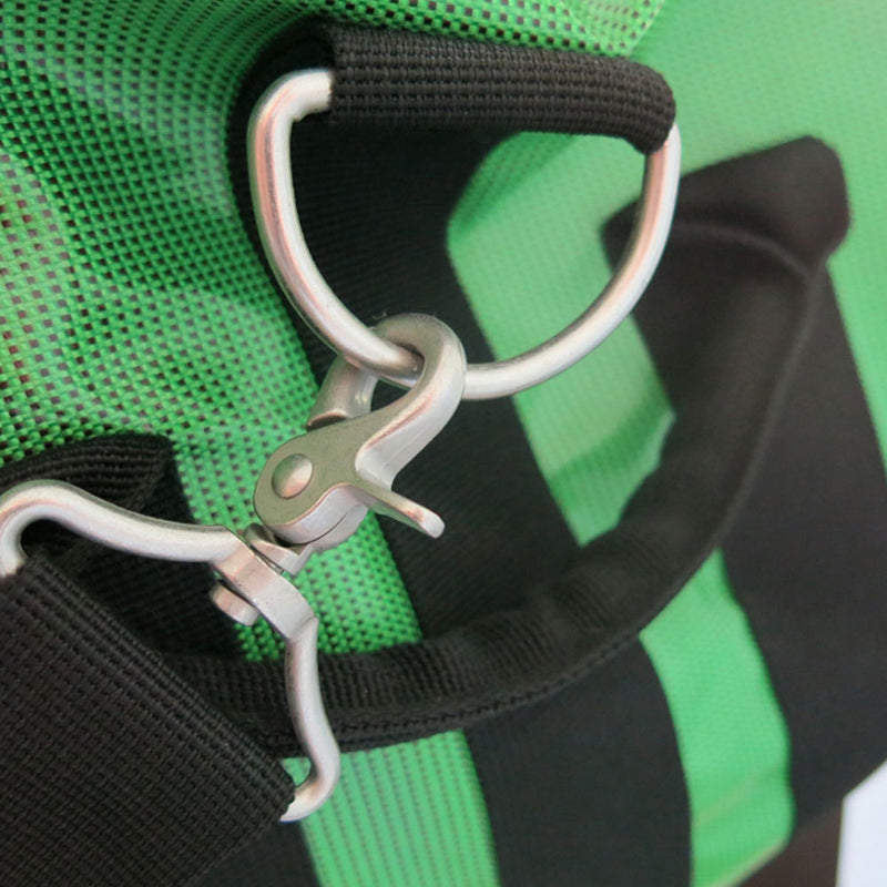 closeup of strap clasp on green bag