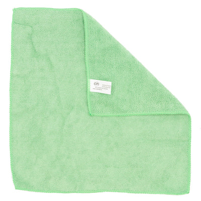 General purpose microfiber cloth, 12x12", 250 gram cloth sewn with poly tape edge, in green. corner folded over to show texture of back side.