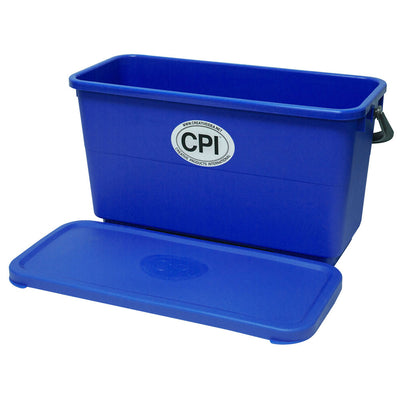 blue bucket w/ sealing lid, graduation marks in gallons & liters, carrying handle,