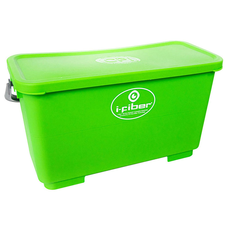 green bucket w/ sealing lid, graduation marks in gallons & liters, carrying handle, lid on bucket