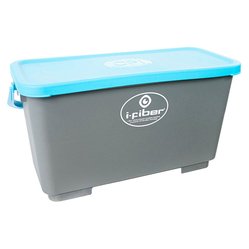 gray bucket w/ sealing lid, graduation marks in gallons & liters, carrying handle, with blue lid