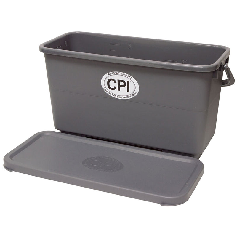 gray bucket w/ sealing lid, graduation marks in gallons & liters, carrying handle, with lid beside bucket