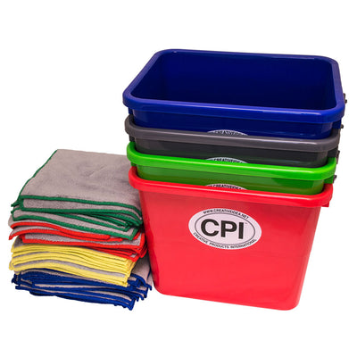 bucket w/ sealing lid, graduation marks in gallons & liters, carrying handle, in 4 colors pictured by matching microfiber cloths
