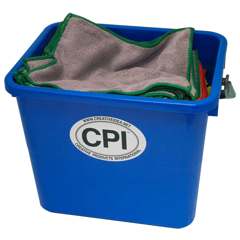 blue 3.5 gallon bucket with microfiber cloths inside