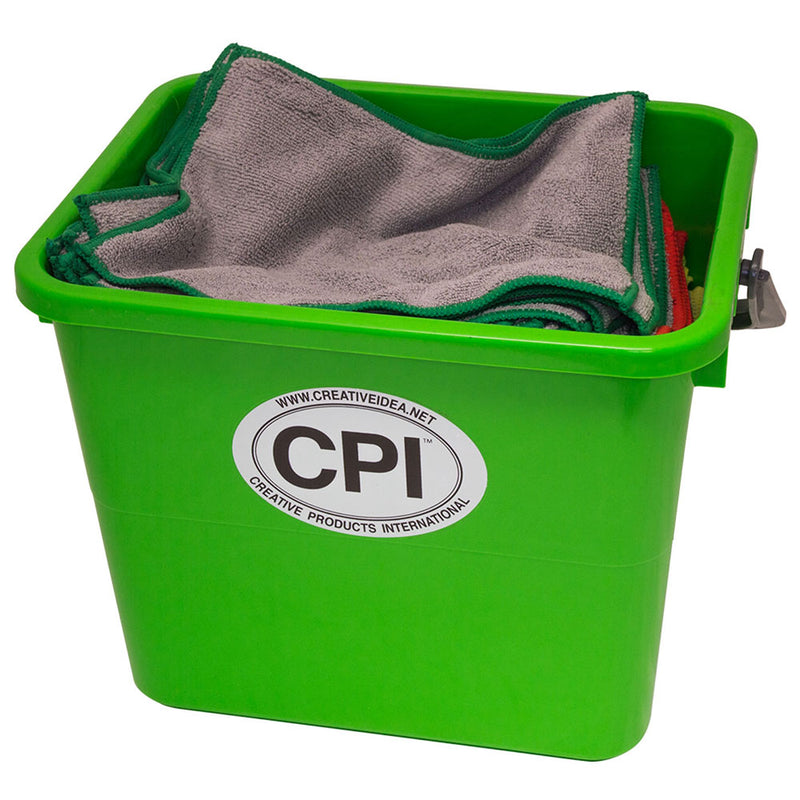 3.5 gallon green bucket with microfiber cloths