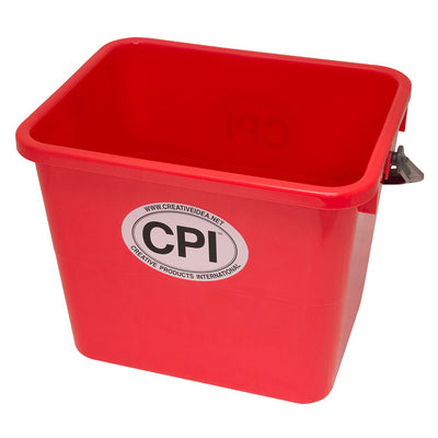 red bucket w/ sealing lid, graduation marks in gallons & liters, carrying handle,