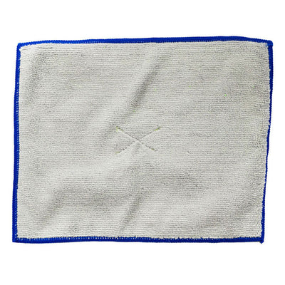 Double sided microfiber cleaning cloth with gray fabric and blue trim