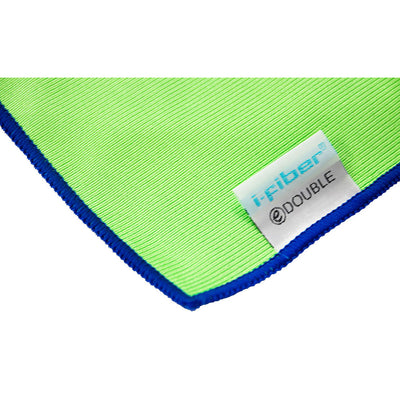 Double sided microfiber cleaning cloth with green fabric and blue trim