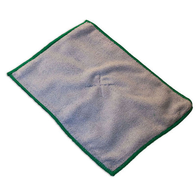 Double sided microfiber cleaning cloth with gray fabric and green trim