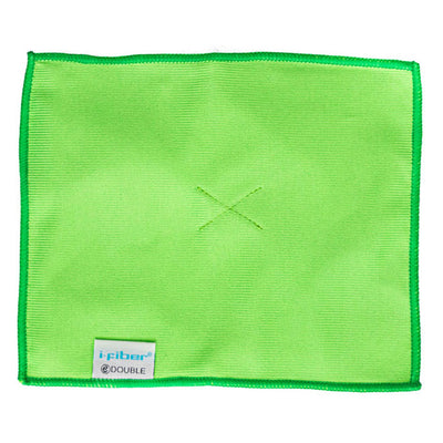 Double sided microfiber cleaning cloth with green fabric and green trim