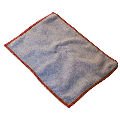 Double sided microfiber cleaning cloth with gray fabric and red trim