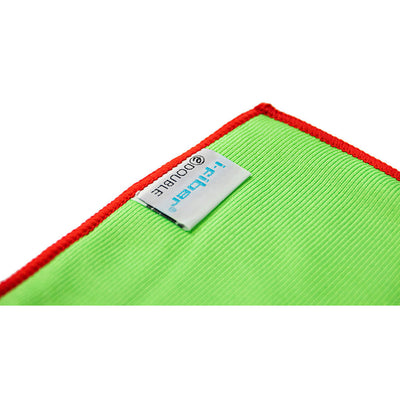 Double sided microfiber cleaning cloth with green fabric and red trim