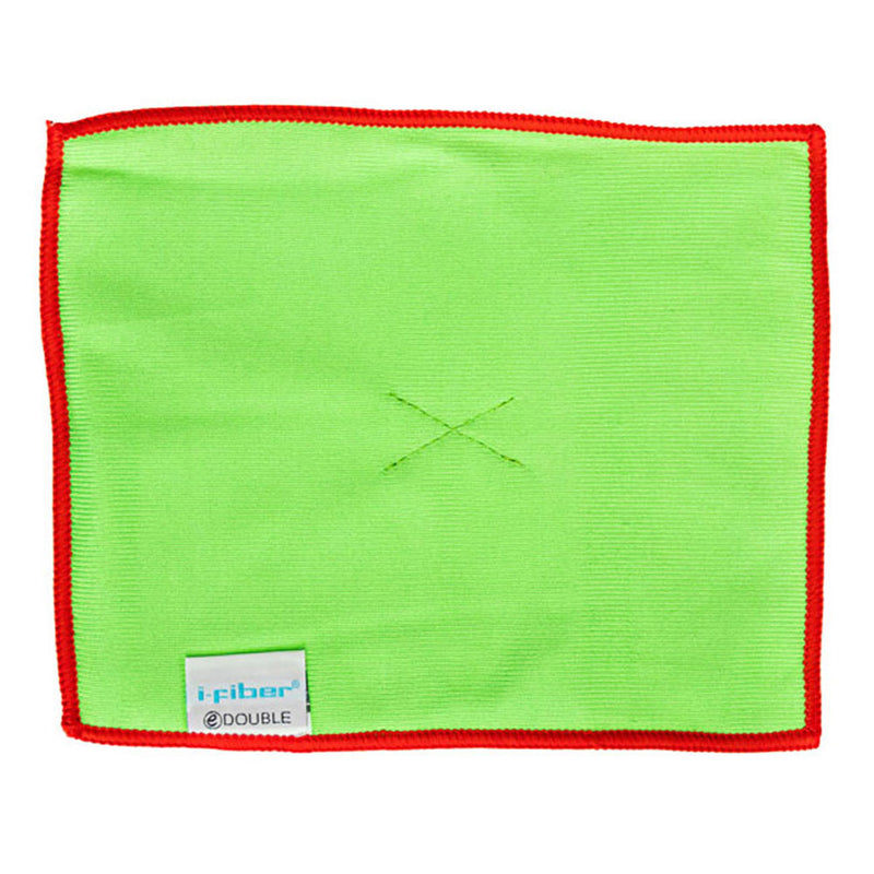 Double sided microfiber cleaning cloth with green fabric and red trim