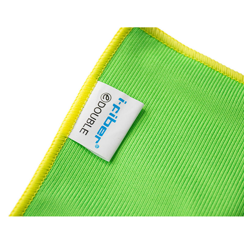 Double sided microfiber cleaning cloth with green fabric and yellow trim