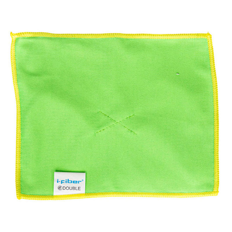Double sided microfiber cleaning cloth with green fabric and yellow trim