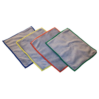 set of four Double sided microfiber cleaning cloth with gray fabric and blue, yellow, red, and green trims