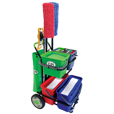 CPI metal cleaning trolley with 4 buckets on it and multiple mops in the holders