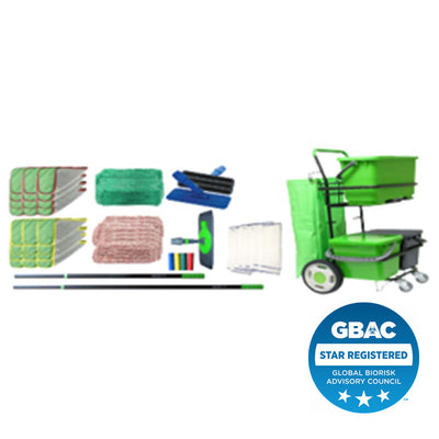 Kit for one worker cleaning CAFETERIA, includes 1 each: eMINI™ XL (PTBUCKET green, PTMINI green & gray), eHANDLE72, ePOCKET, eHANDLEgrips, eHANDLE48, eWALL, eTROWEL. ANTA125Y, MFLEXWAVE, 12 each eWAVE18PG, eDOUBLE G, eTROWELpadG, 6 each: eDOUBLE Y, laminated WALLCHART & on site 4D Cleaning™ Training. GBAC star registered logo in corner